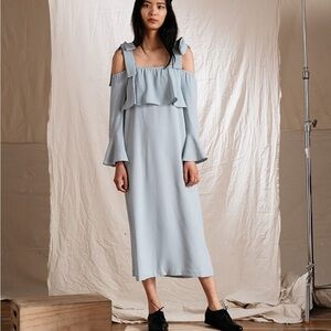 Ganni Clark Bell Sleeve Cold Shoulder Tie Strap Midi Long Dress Light Blue